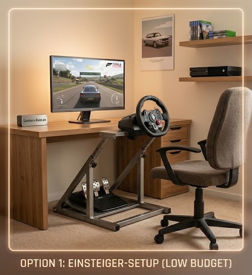 Einsteiger SIM Racing Setup mit Lenkrad und Pedalen am Schreibtisch